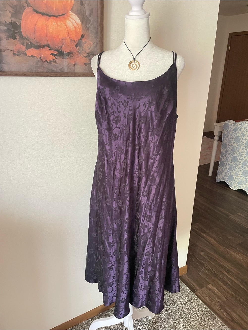 Steppin’ Out Vintage 90s Dark Purple Floral Jacquard Cross-Back Slip Dress